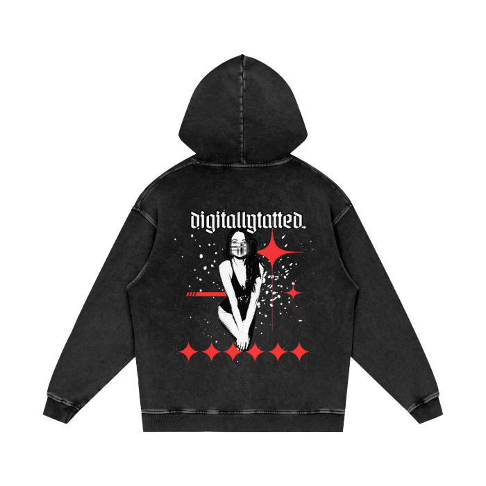 Digitally Tatted Malfunction Acid Wash Oversized Hoodie