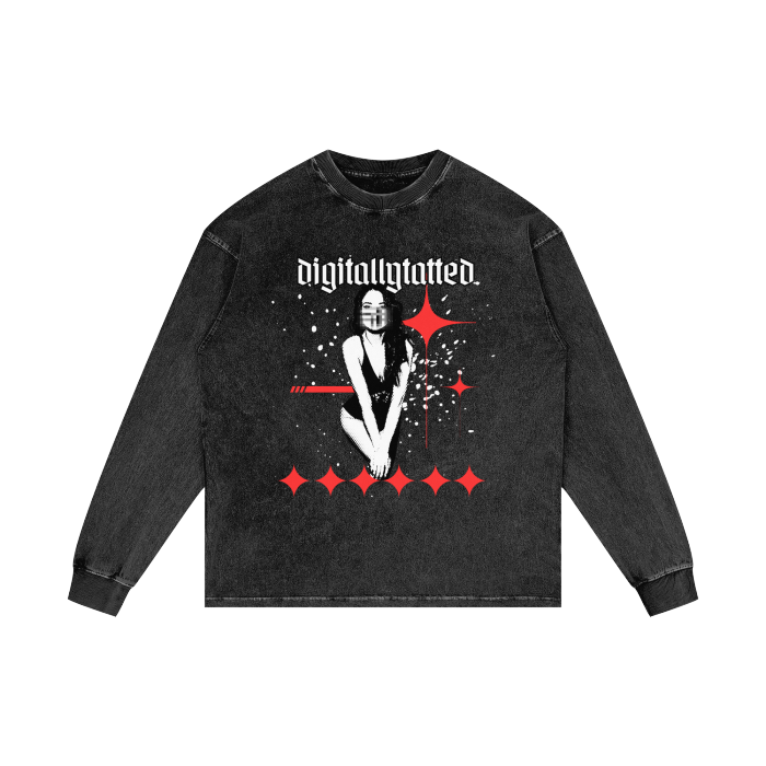 Digitally Tatted Malfunction Acid Wash Oversize Long Sleeve T-Shirt