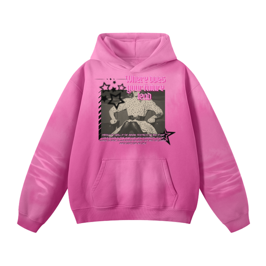 Digitally Tatted “where does your future lead” Monkey Washed Dyed Fleece Hoodie